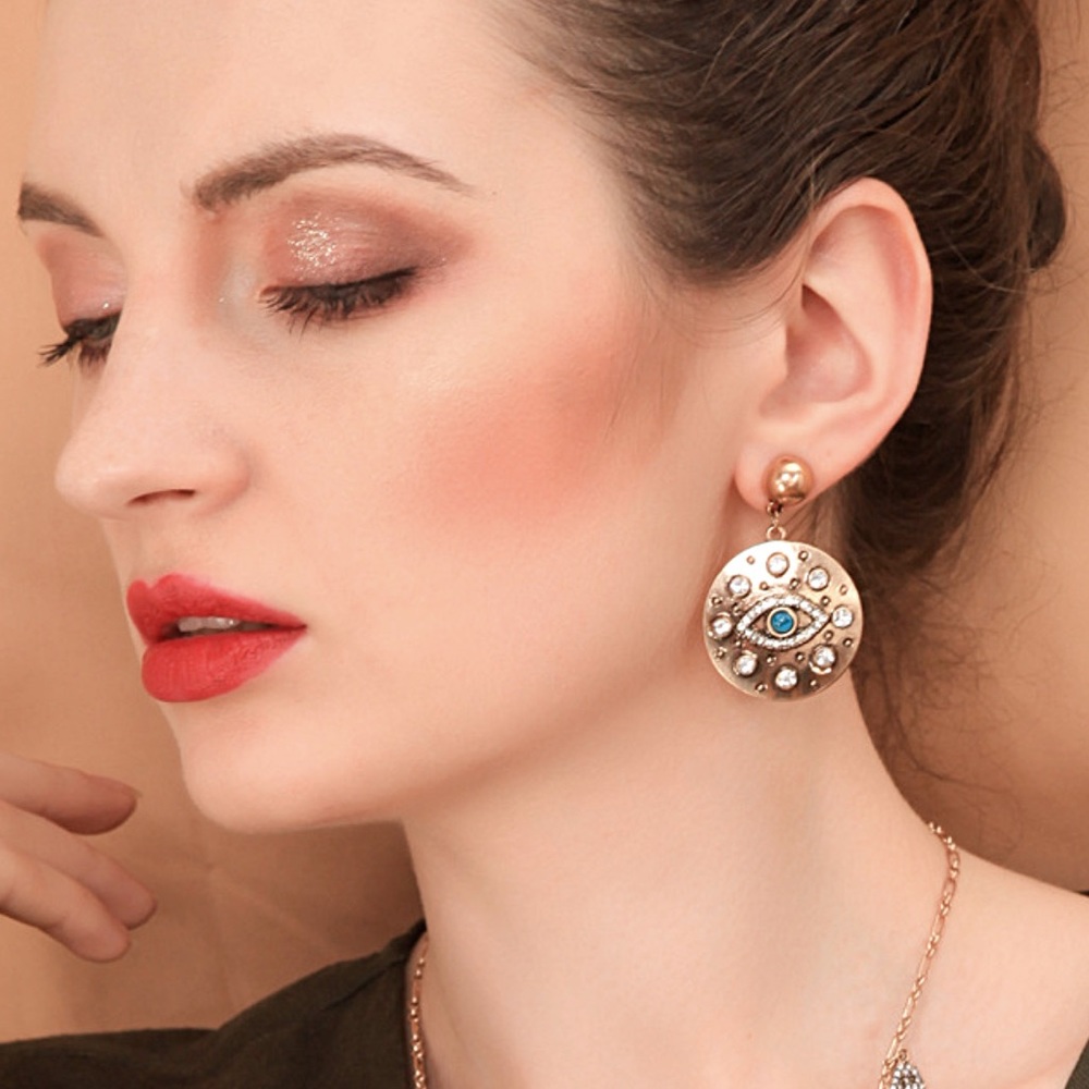 2/$20! Gold Egyptian Evil Eye Circle Drop Earrings - Picture 4 of 7
